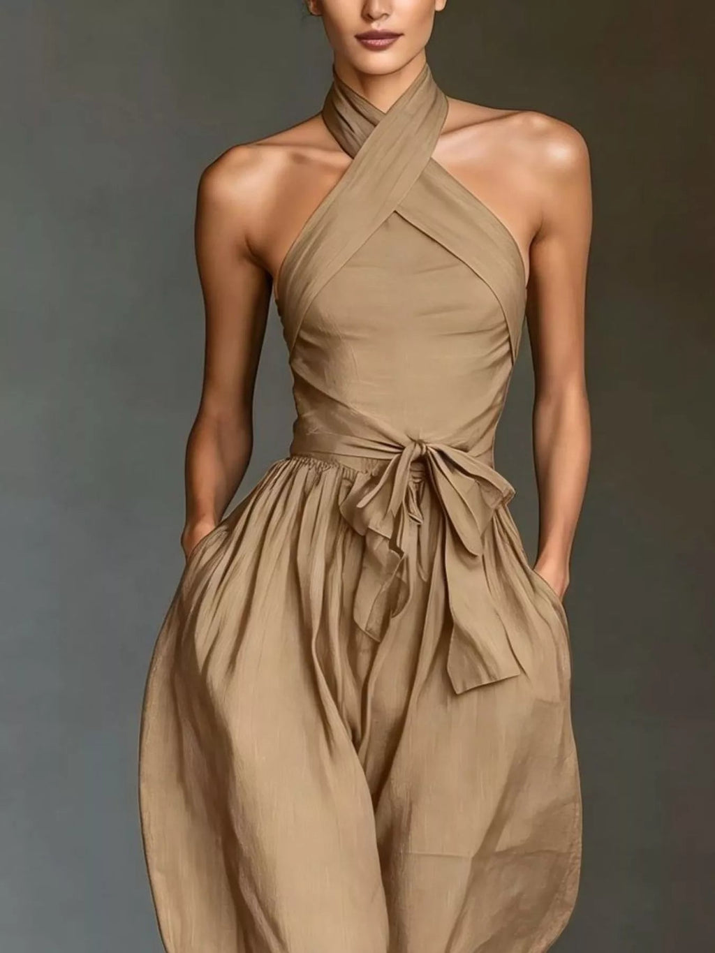 Halter Neck Wide-Leg Jumpsuit with Waist-Tie Detail - Dressed.