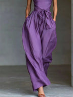 Halter Neck Wide-Leg Jumpsuit with Waist-Tie Detail - Dressed.