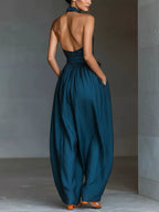 Halter Neck Wide-Leg Jumpsuit with Waist-Tie Detail - Dressed.