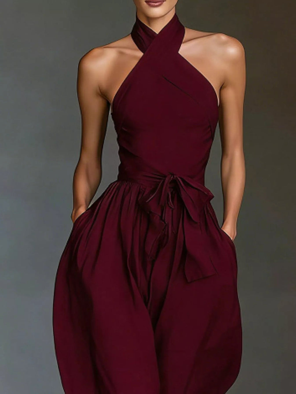 Halter Neck Wide-Leg Jumpsuit with Waist-Tie Detail - Dressed.