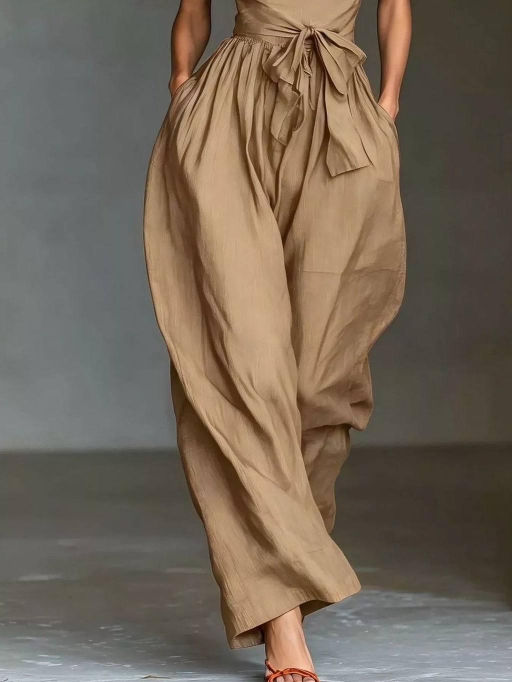 Halter Neck Wide-Leg Jumpsuit with Waist-Tie Detail - Dressed.