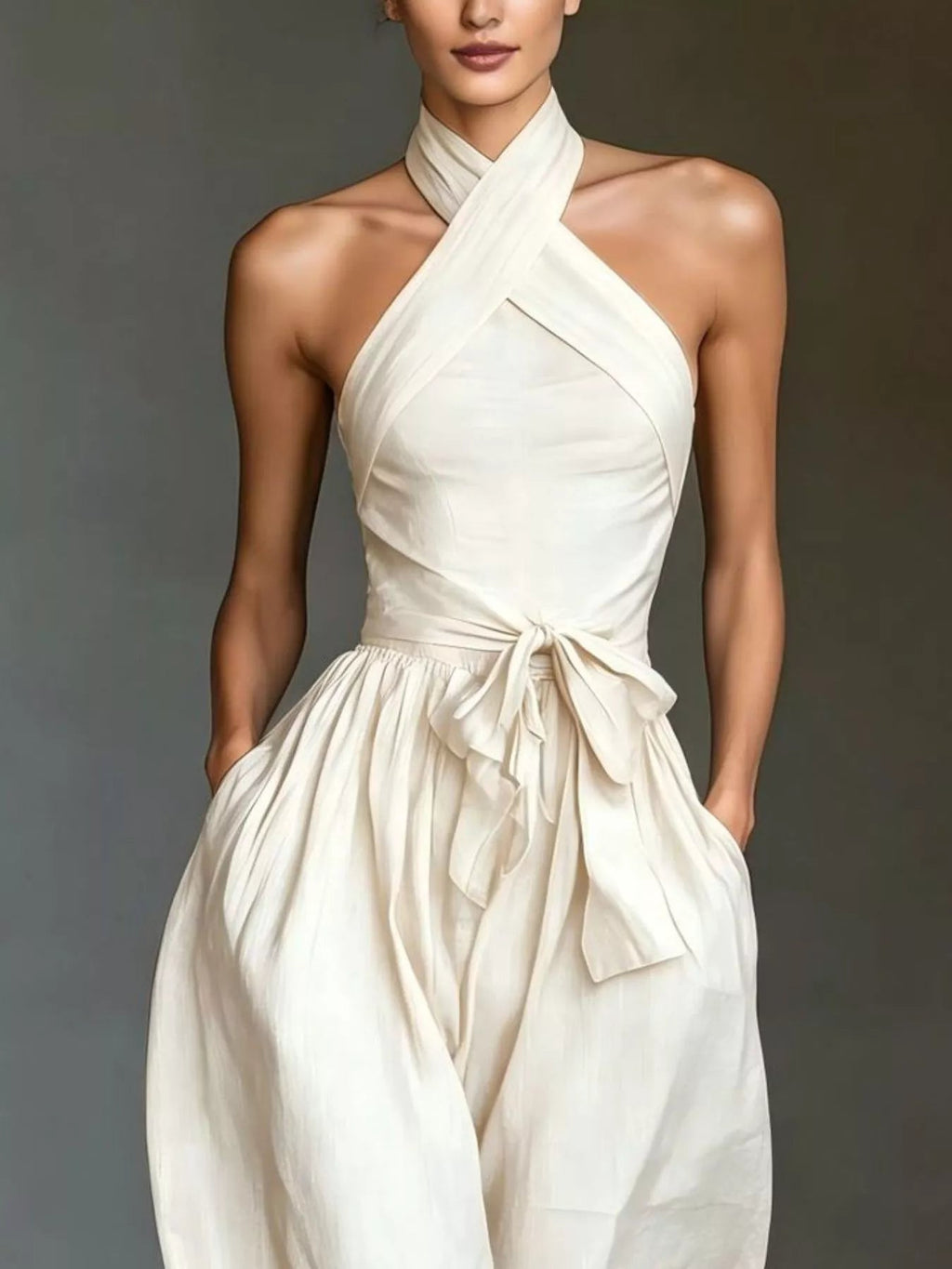 Halter Neck Wide-Leg Jumpsuit with Waist-Tie Detail - Dressed.