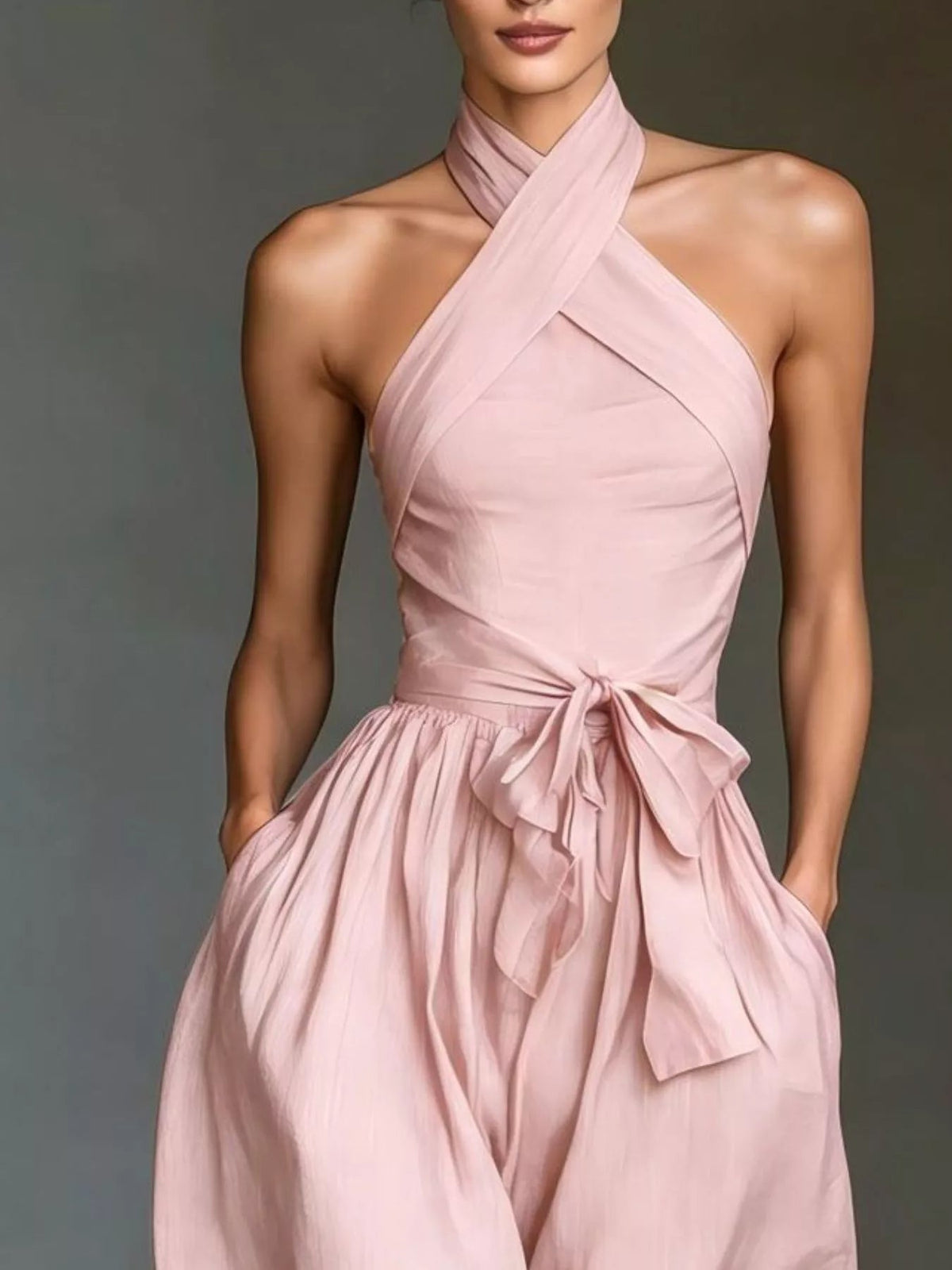 Halter Neck Wide-Leg Jumpsuit with Waist-Tie Detail - Dressed.