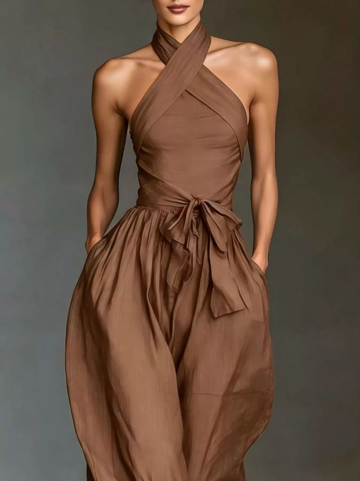 Halter Neck Wide-Leg Jumpsuit with Waist-Tie Detail - Dressed.