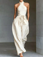 Halter Neck Wide-Leg Jumpsuit with Waist-Tie Detail - Dressed.