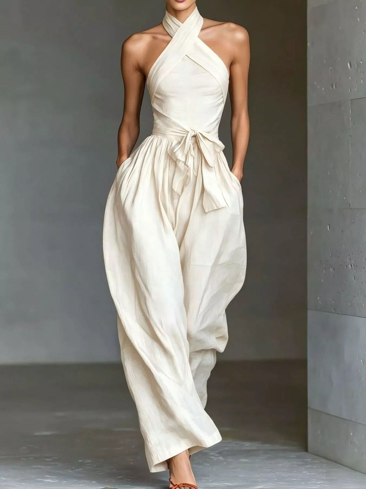 Halter Neck Wide-Leg Jumpsuit with Waist-Tie Detail - Dressed.