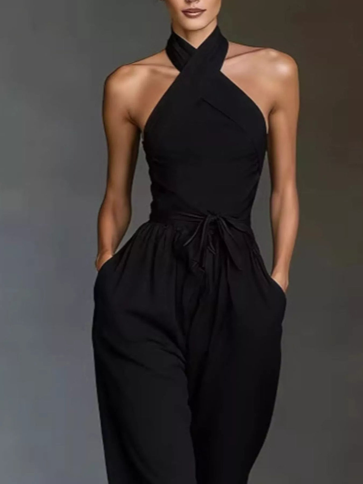 Halter Neck Wide-Leg Jumpsuit with Waist-Tie Detail - Dressed.
