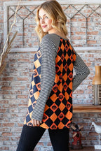 Heimish Full Size Checkered Contrast Striped Long Sleeve T-Shirt - Dressed.