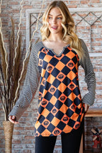 Heimish Full Size Checkered Contrast Striped Long Sleeve T-Shirt - Dressed.