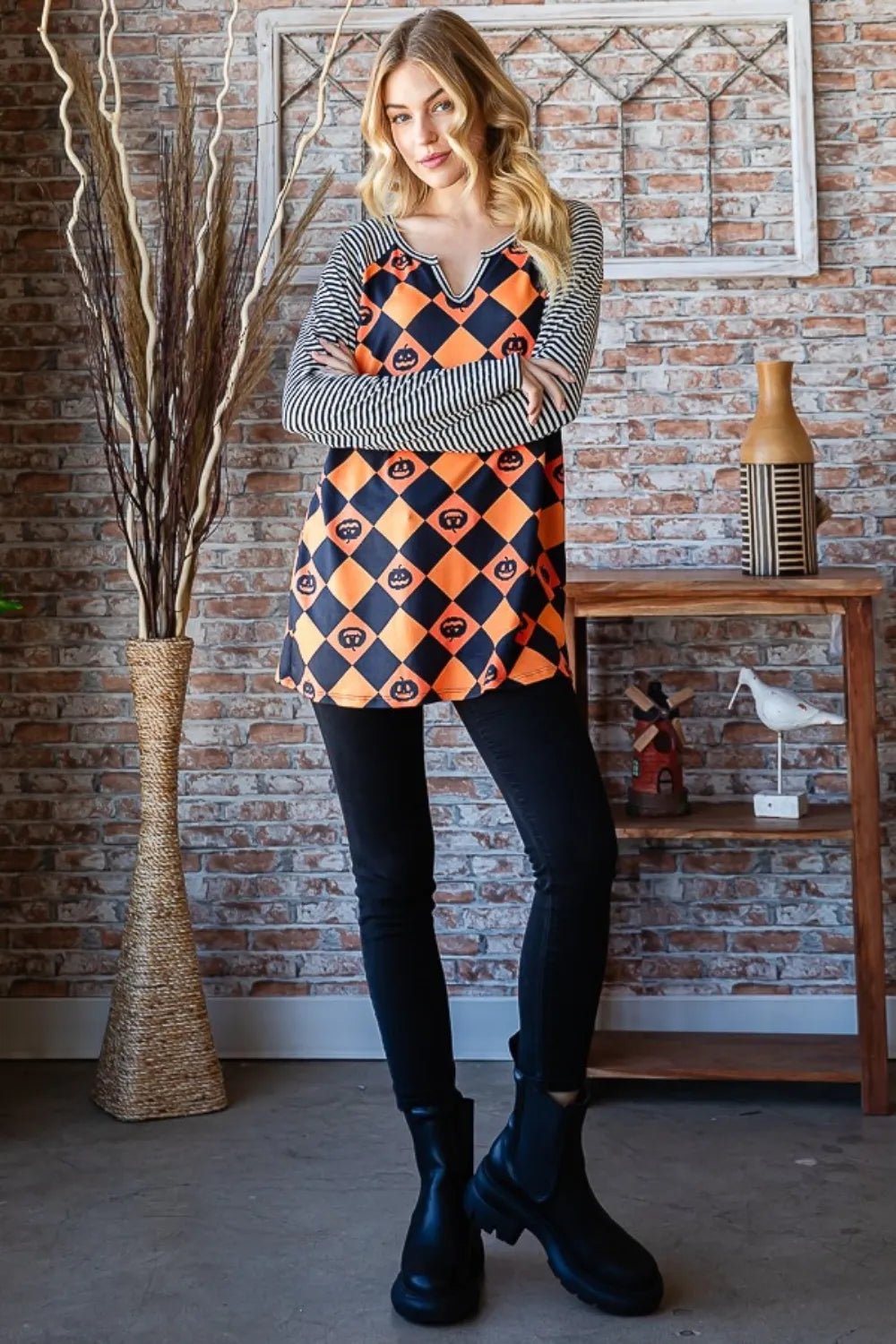 Heimish Full Size Checkered Contrast Striped Long Sleeve T-Shirt - Dressed.