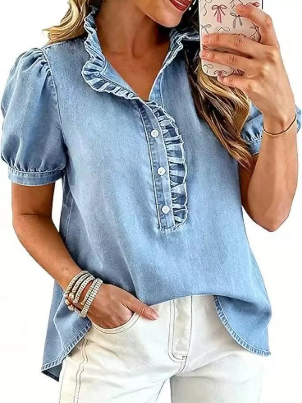 Juliette Ruffle-Trim Puff-Sleeve Denim Top - Dressed.