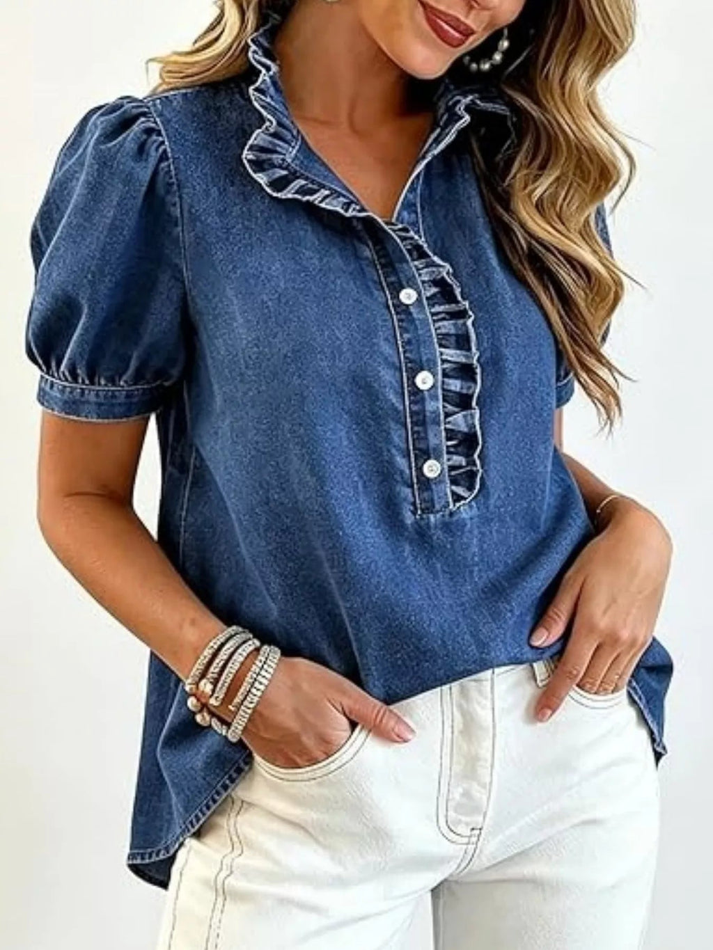 Juliette Ruffle-Trim Puff-Sleeve Denim Top - Dressed.