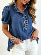 Juliette Ruffle-Trim Puff-Sleeve Denim Top - Dressed.