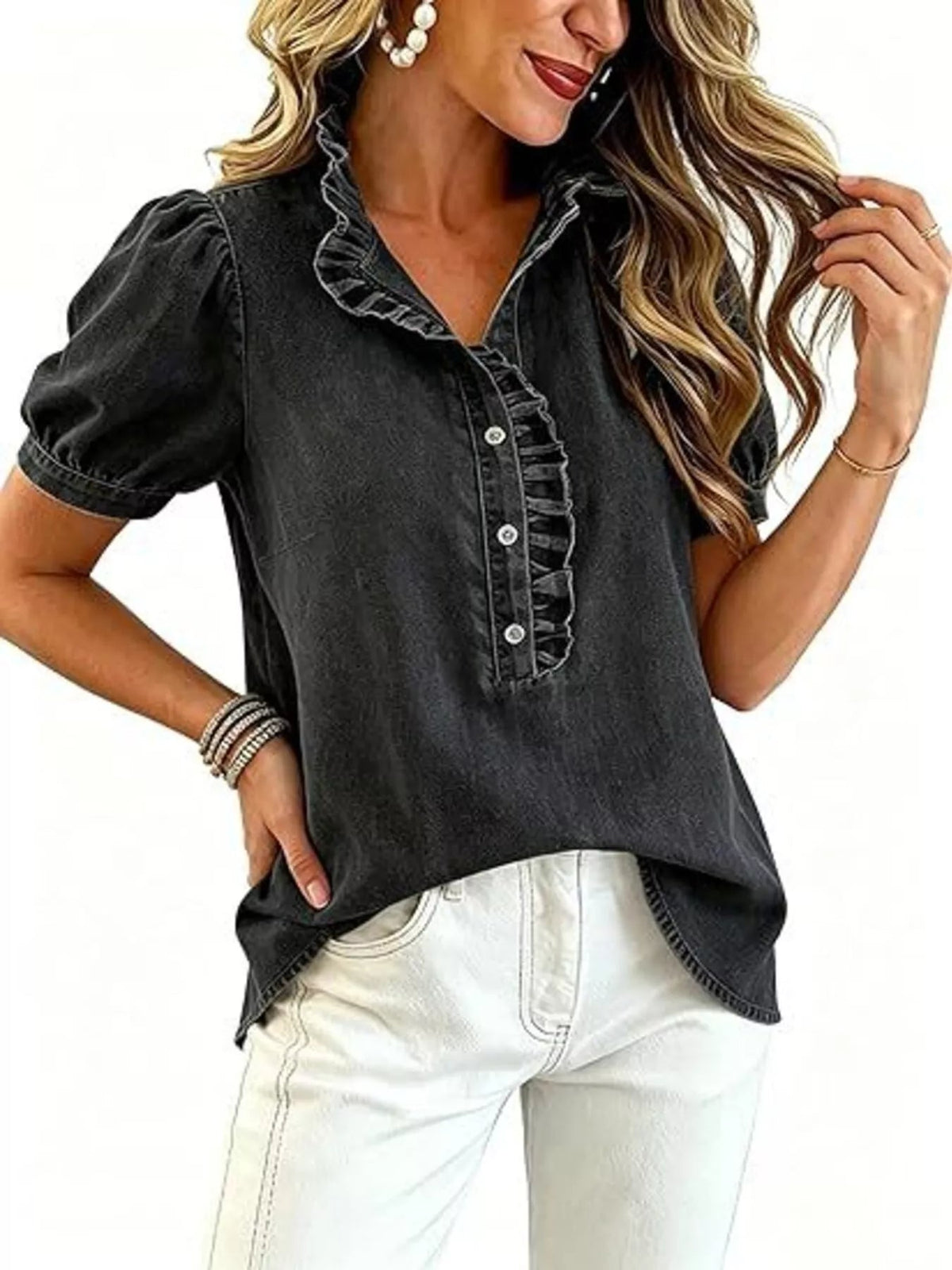 Juliette Ruffle-Trim Puff-Sleeve Denim Top - Dressed.