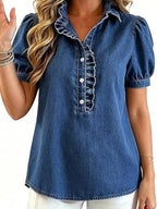 Juliette Ruffle-Trim Puff-Sleeve Denim Top - Dressed.