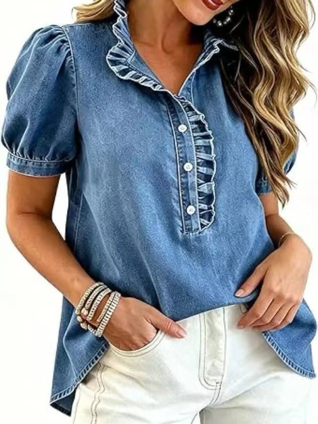 Juliette Ruffle-Trim Puff-Sleeve Denim Top - Dressed.
