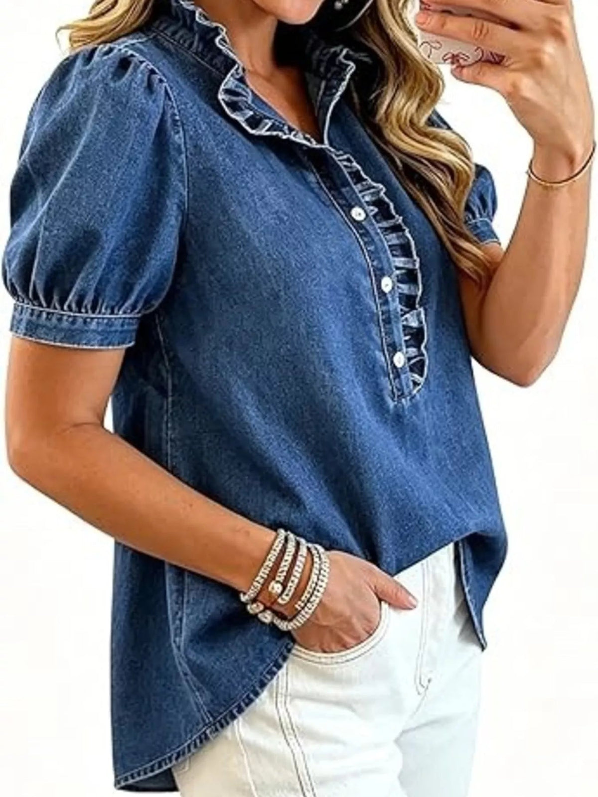 Juliette Ruffle-Trim Puff-Sleeve Denim Top - Dressed.