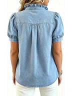Juliette Ruffle-Trim Puff-Sleeve Denim Top - Dressed.