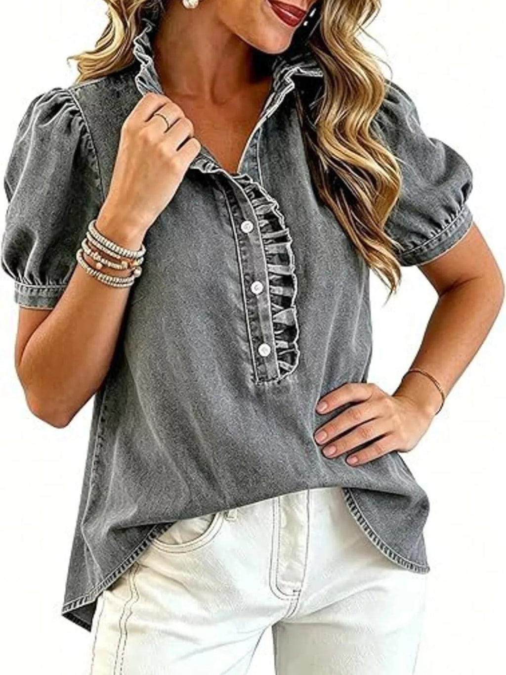 Juliette Ruffle-Trim Puff-Sleeve Denim Top - Dressed.