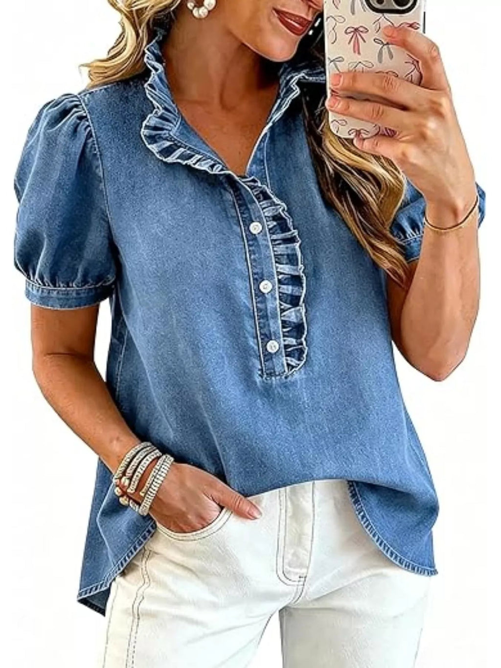 Juliette Ruffle-Trim Puff-Sleeve Denim Top - Dressed.