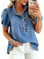 Juliette Ruffle-Trim Puff-Sleeve Denim Top - Dressed.