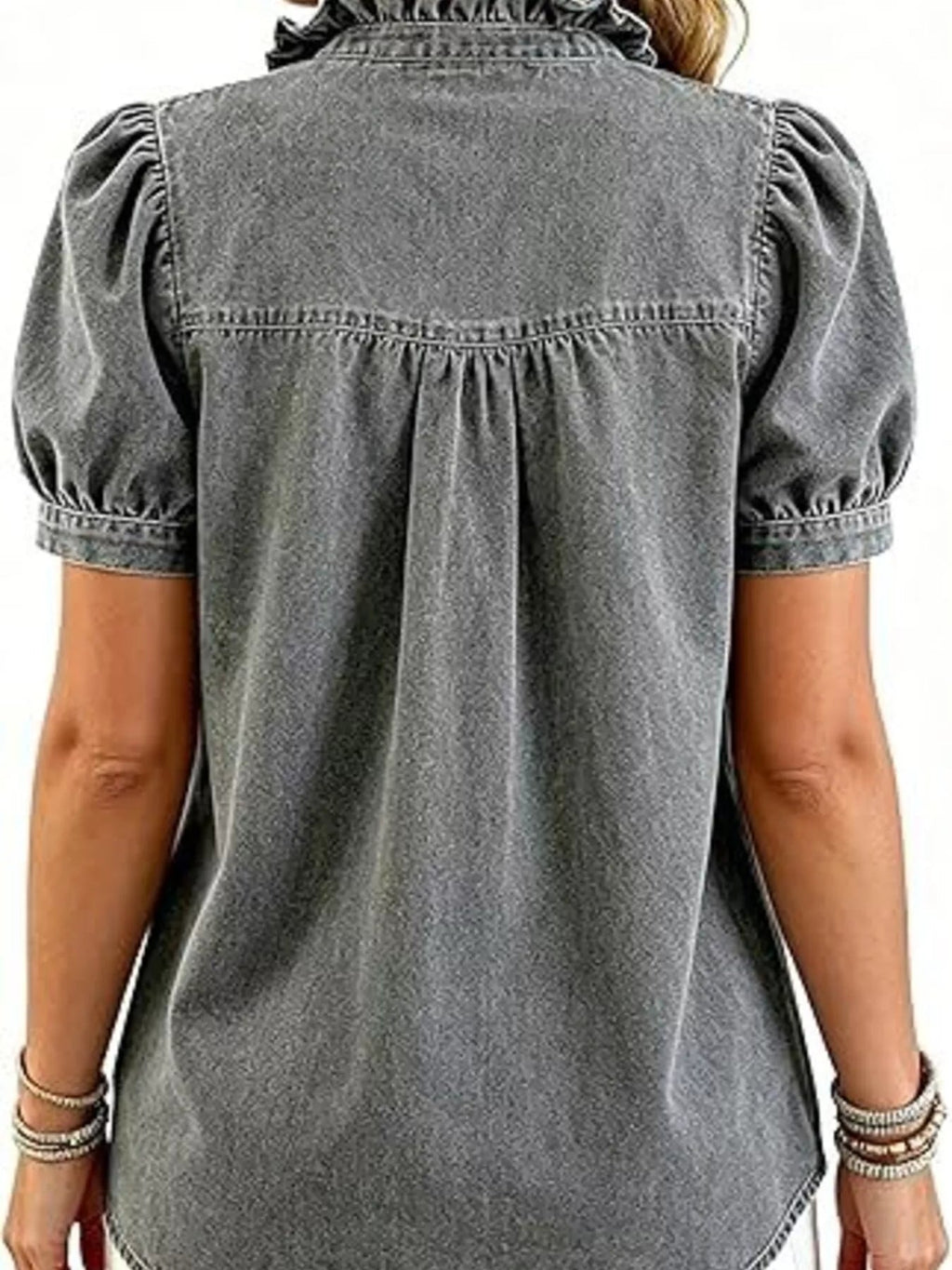 Juliette Ruffle-Trim Puff-Sleeve Denim Top - Dressed.