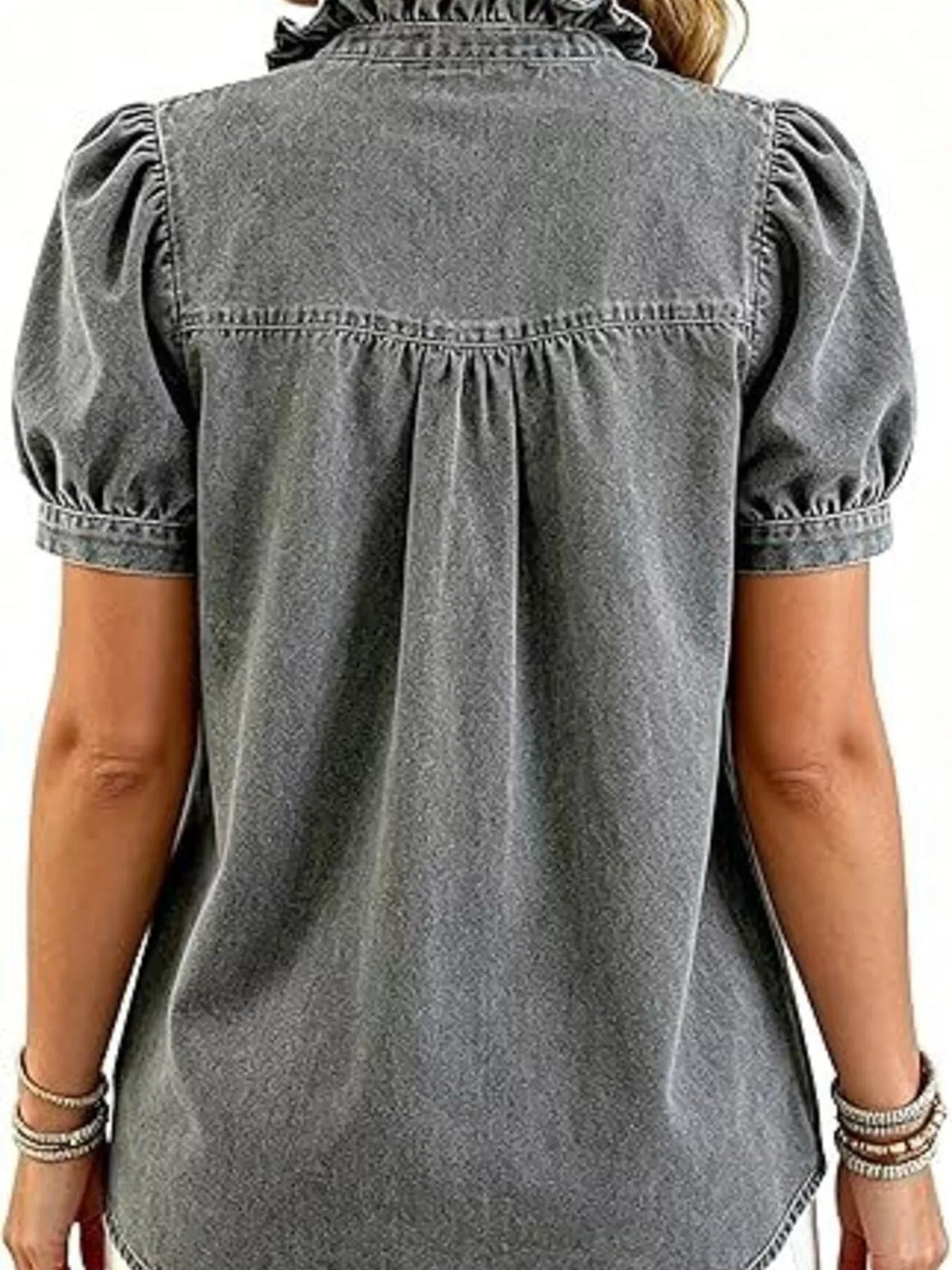 Juliette Ruffle-Trim Puff-Sleeve Denim Top - Dressed.