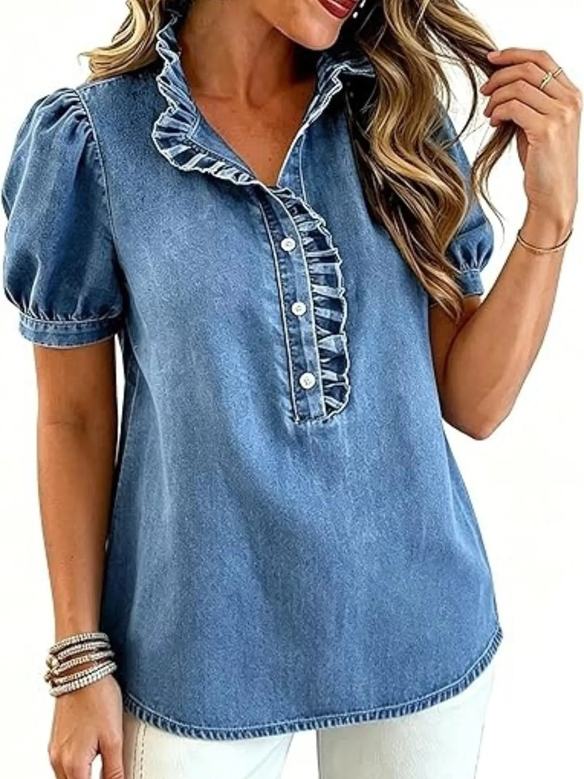 Juliette Ruffle-Trim Puff-Sleeve Denim Top - Dressed.