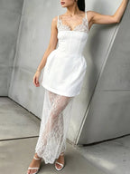 Lace Corset Mini Dress Set with Sheer Overlay - Dressed.