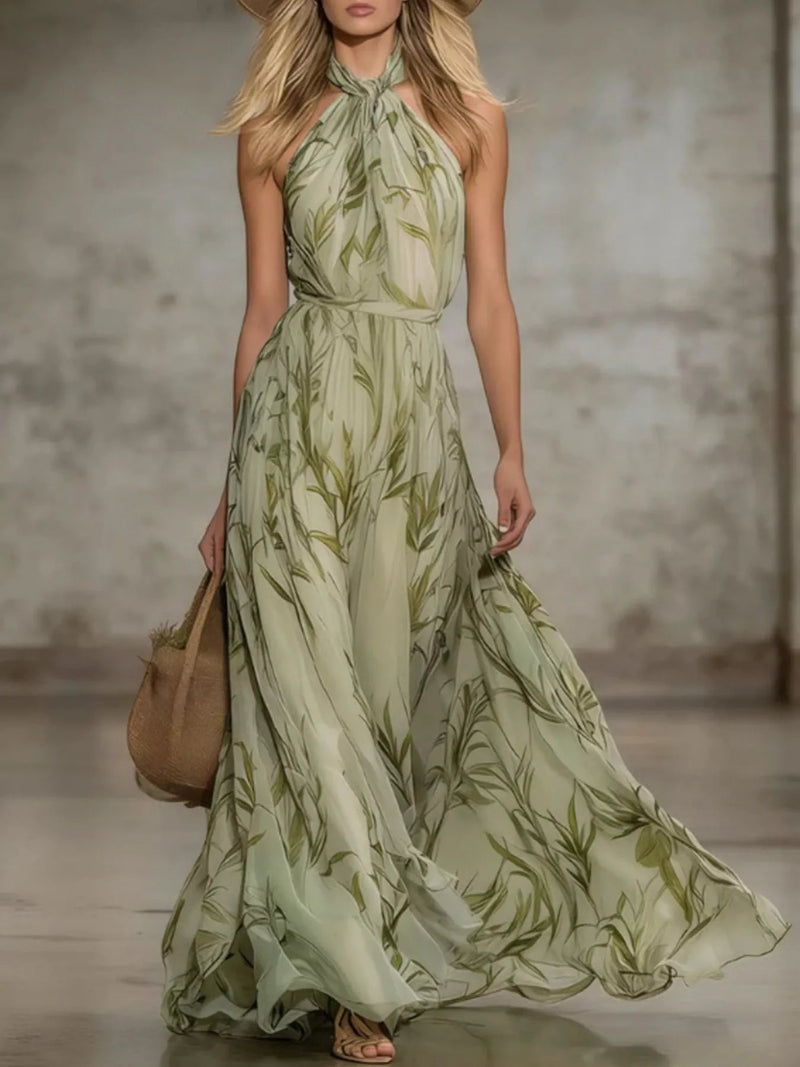 Leaf Print Sleeveless Chiffon Maxi Dress — Matcha Color • Inclusive Sizing | Trendsi - Dressed.