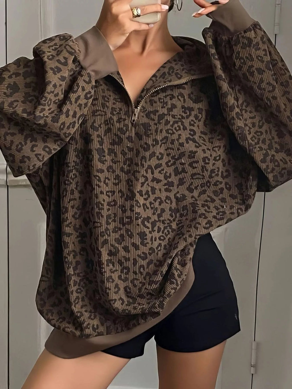 Leopard Print Quarter-Zip Sweatshirt - Dressed.