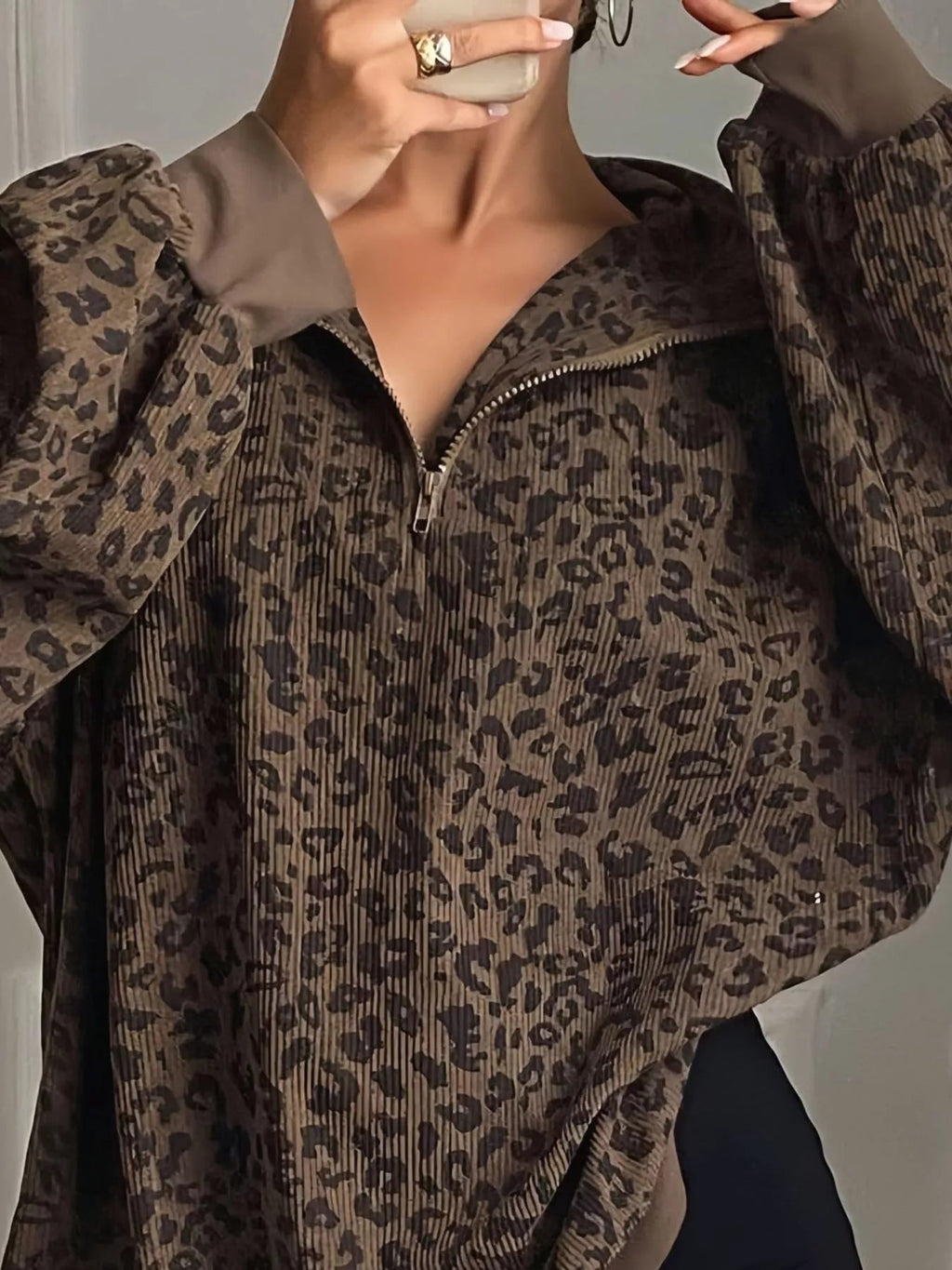 Leopard Print Quarter-Zip Sweatshirt - Dressed.