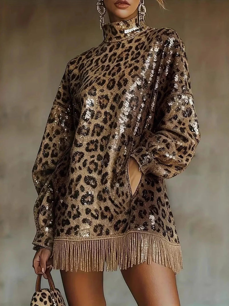 Leopard Sequin Mock Neck Fringe Hem Mini Dress — Leopard • Inclusive Sizing | Trendsi - Dressed.