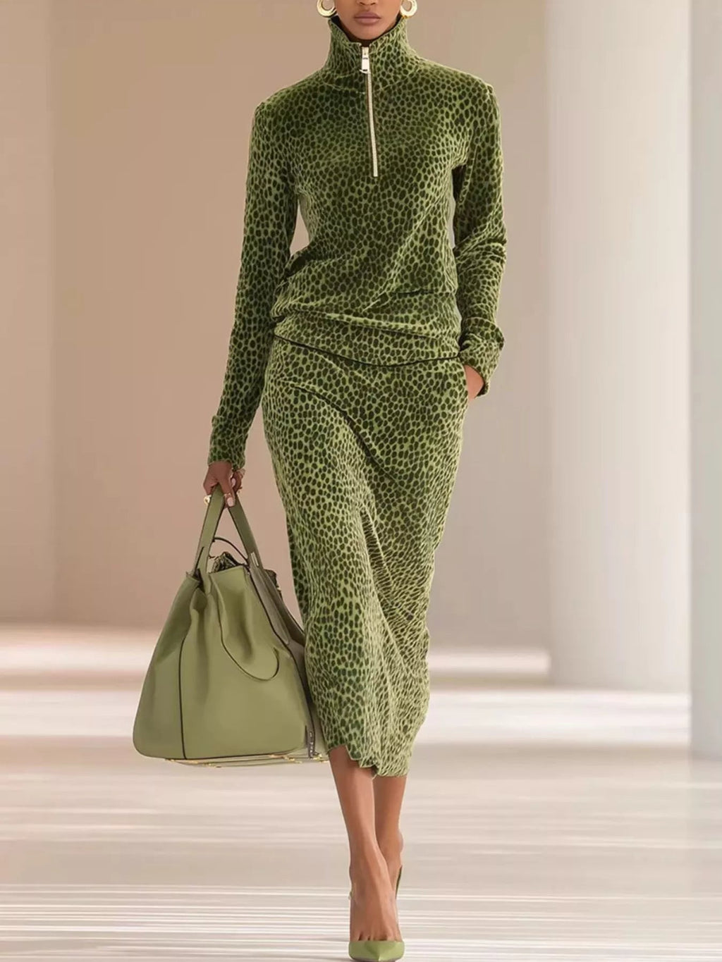 Leopard Velour Quarter-Zip Skirt Set - Dressed.