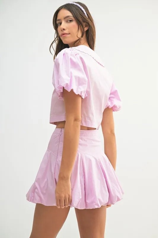 MABLE Puff Sleeve Button Down Top and Bubble Skirt Set - Dressed.