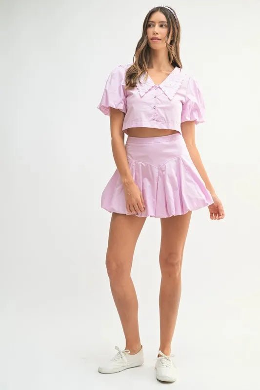 MABLE Puff Sleeve Button Down Top and Bubble Skirt Set - Dressed.