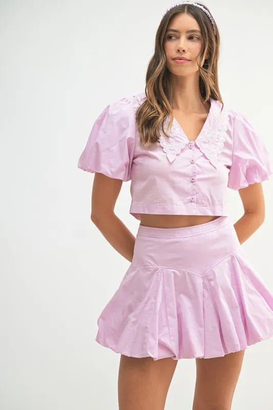 MABLE Puff Sleeve Button Down Top and Bubble Skirt Set - Dressed.