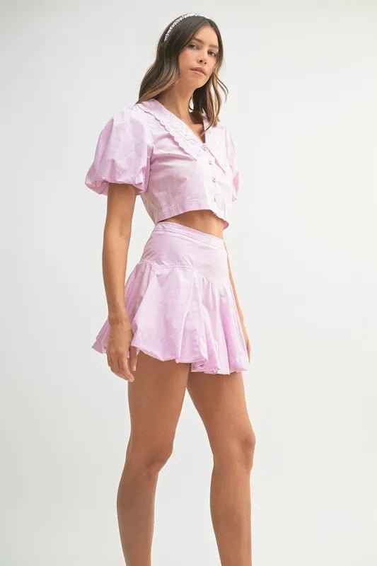 MABLE Puff Sleeve Button Down Top and Bubble Skirt Set - Dressed.