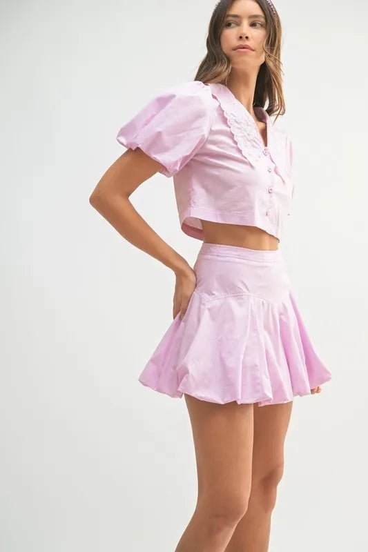 MABLE Puff Sleeve Button Down Top and Bubble Skirt Set - Dressed.