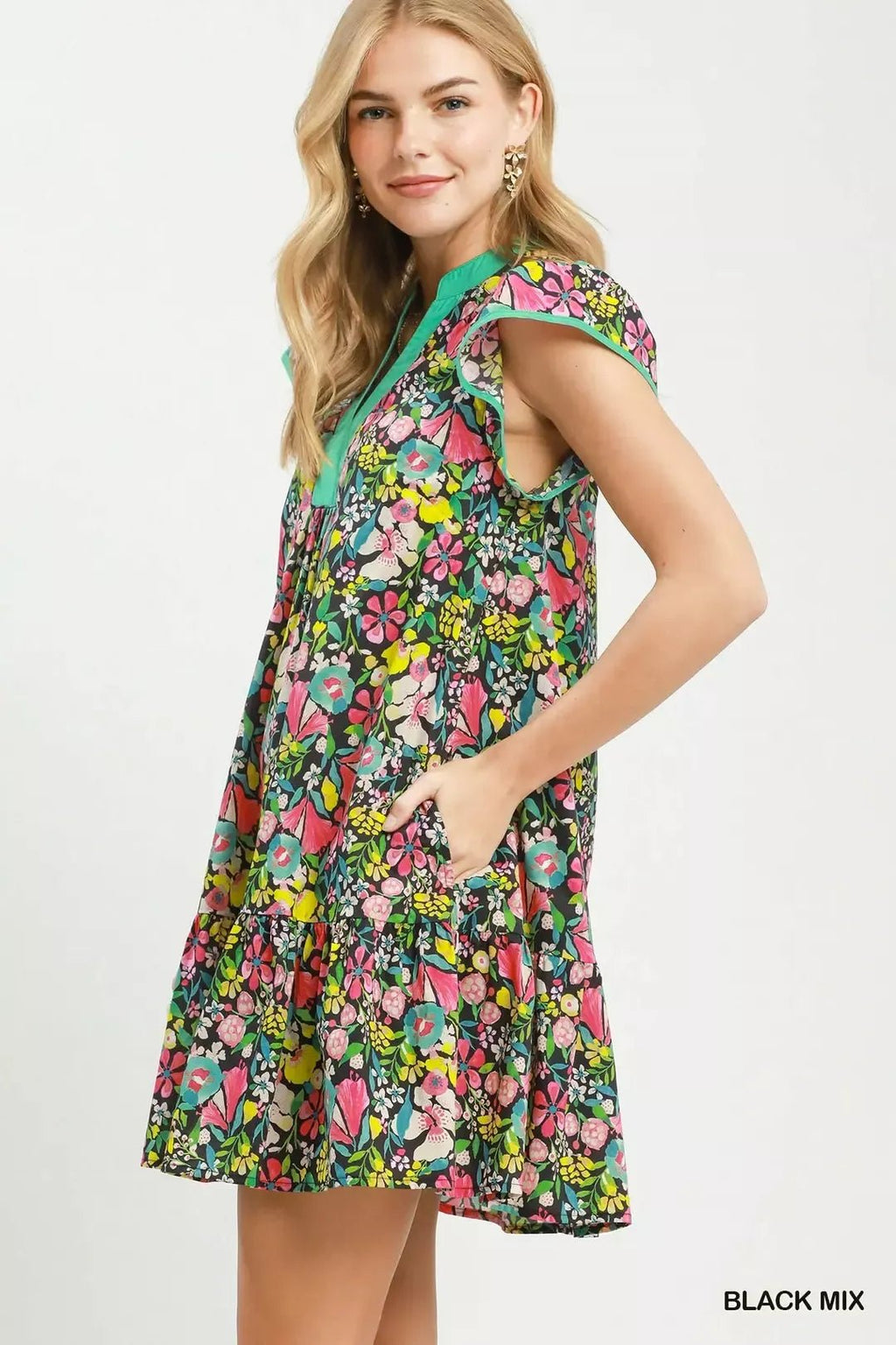 Margaux Floral Flutter-Sleeve Tiered Mini Dress — Black Mix - Dressed.