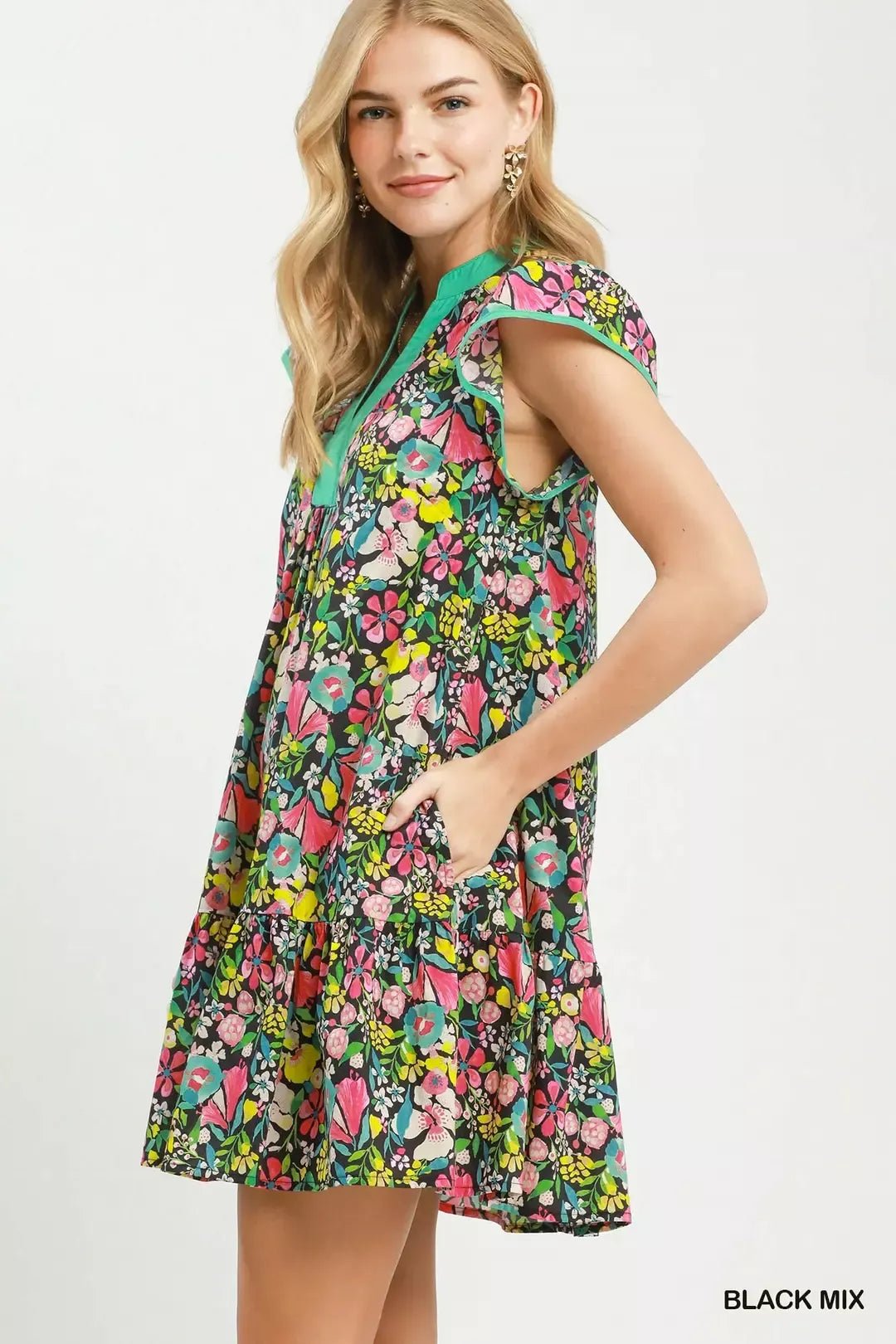 Margaux Floral Flutter-Sleeve Tiered Mini Dress — Black Mix - Dressed.