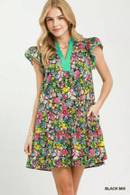 Margaux Floral Flutter-Sleeve Tiered Mini Dress — Black Mix - Dressed.