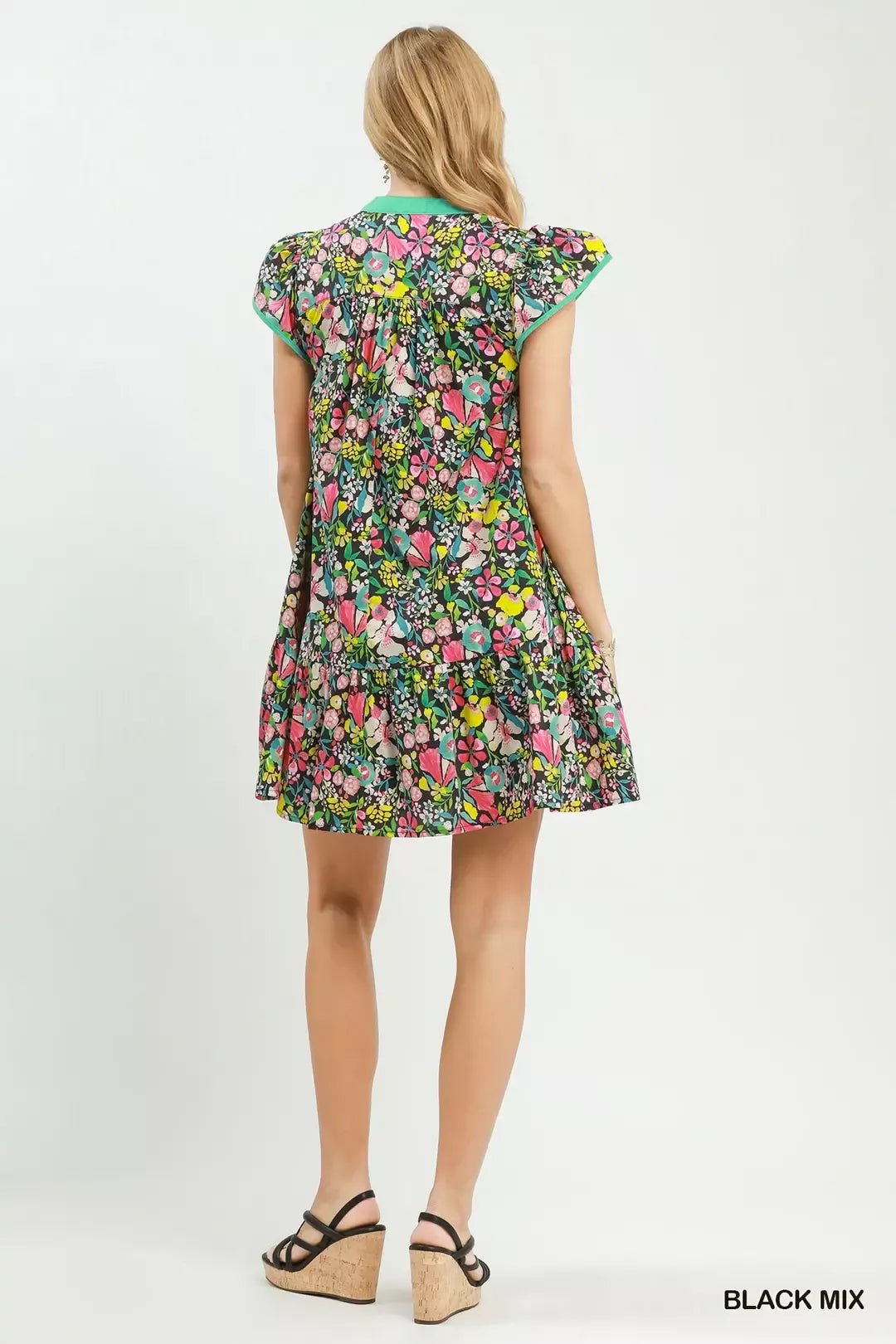 Margaux Floral Flutter-Sleeve Tiered Mini Dress — Black Mix - Dressed.