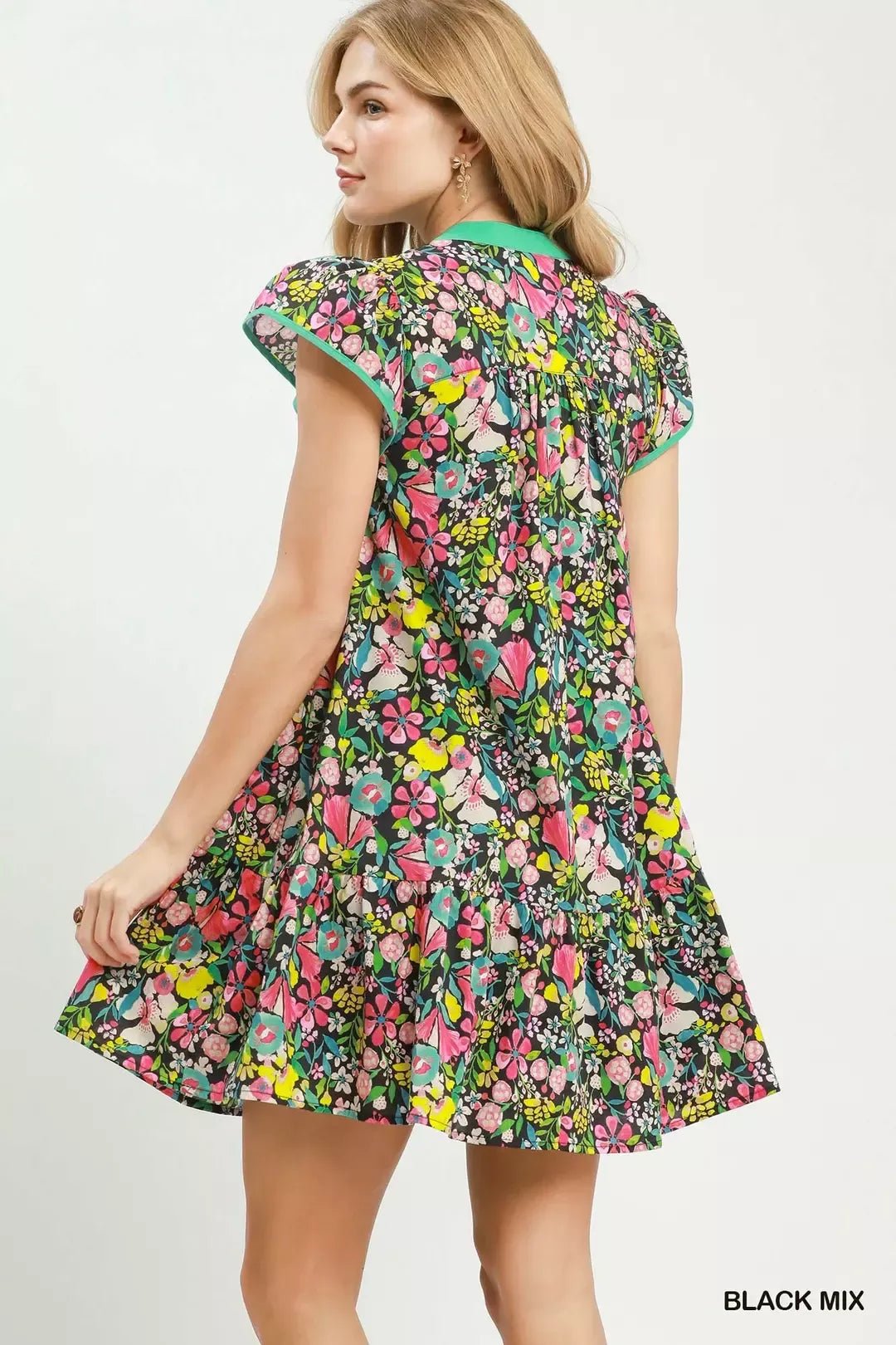 Margaux Floral Flutter-Sleeve Tiered Mini Dress — Black Mix - Dressed.