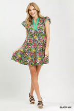 Margaux Floral Flutter-Sleeve Tiered Mini Dress — Black Mix - Dressed.