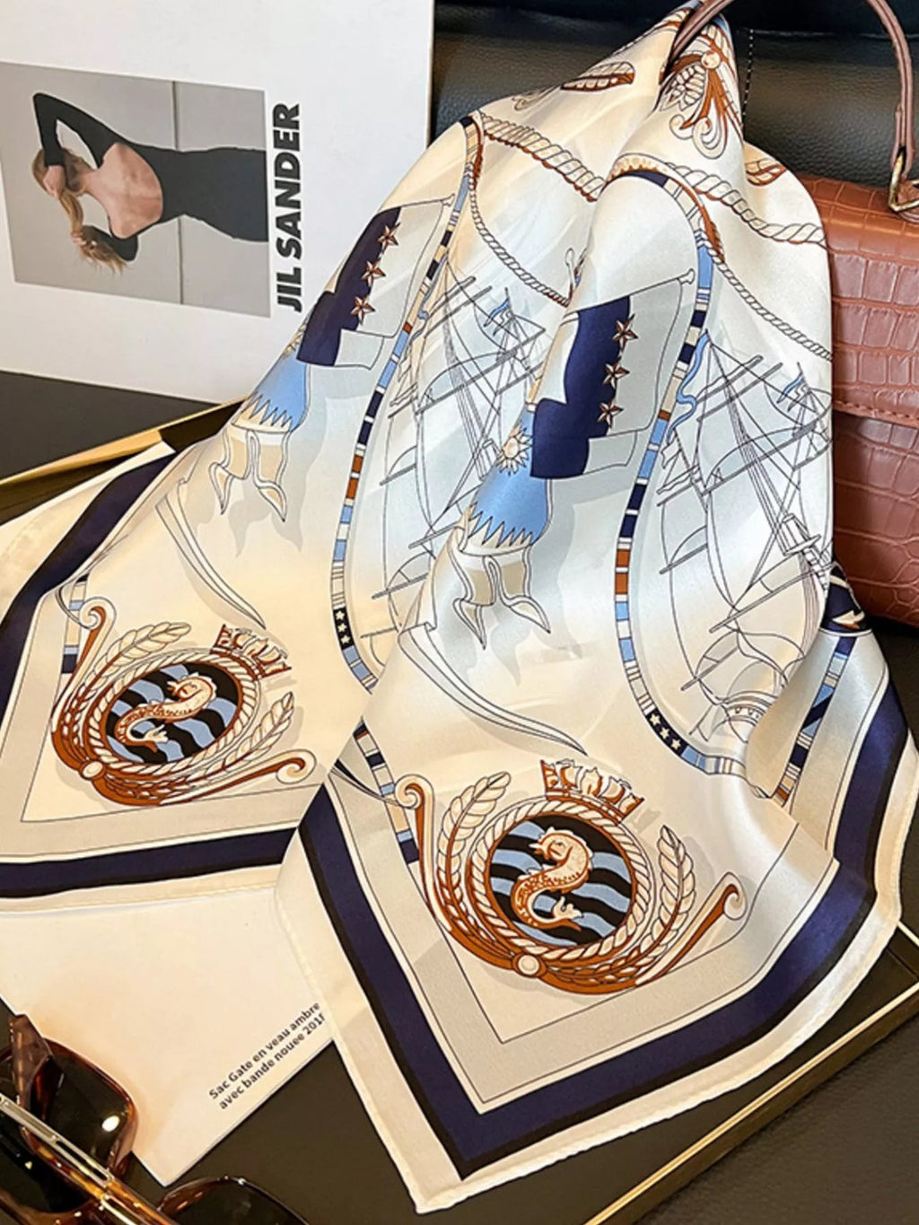 Marina Nautical-Print Silk Square Scarf - Dressed.