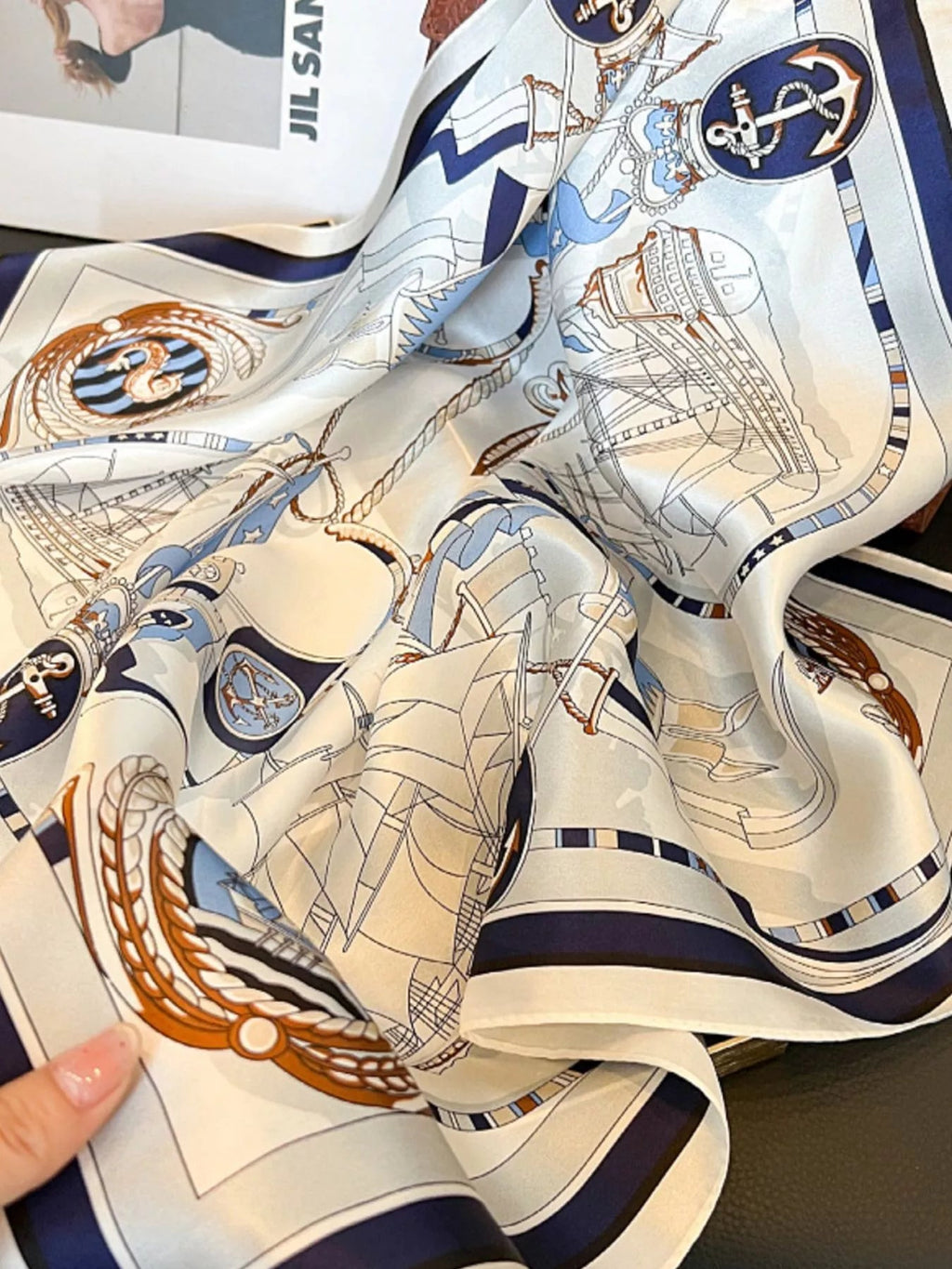 Marina Nautical-Print Silk Square Scarf - Dressed.