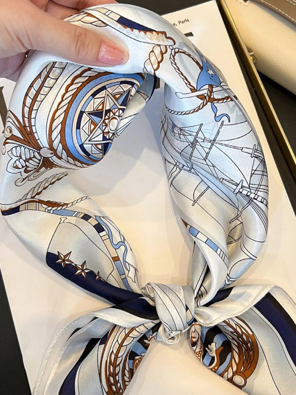 Marina Nautical-Print Silk Square Scarf - Dressed.