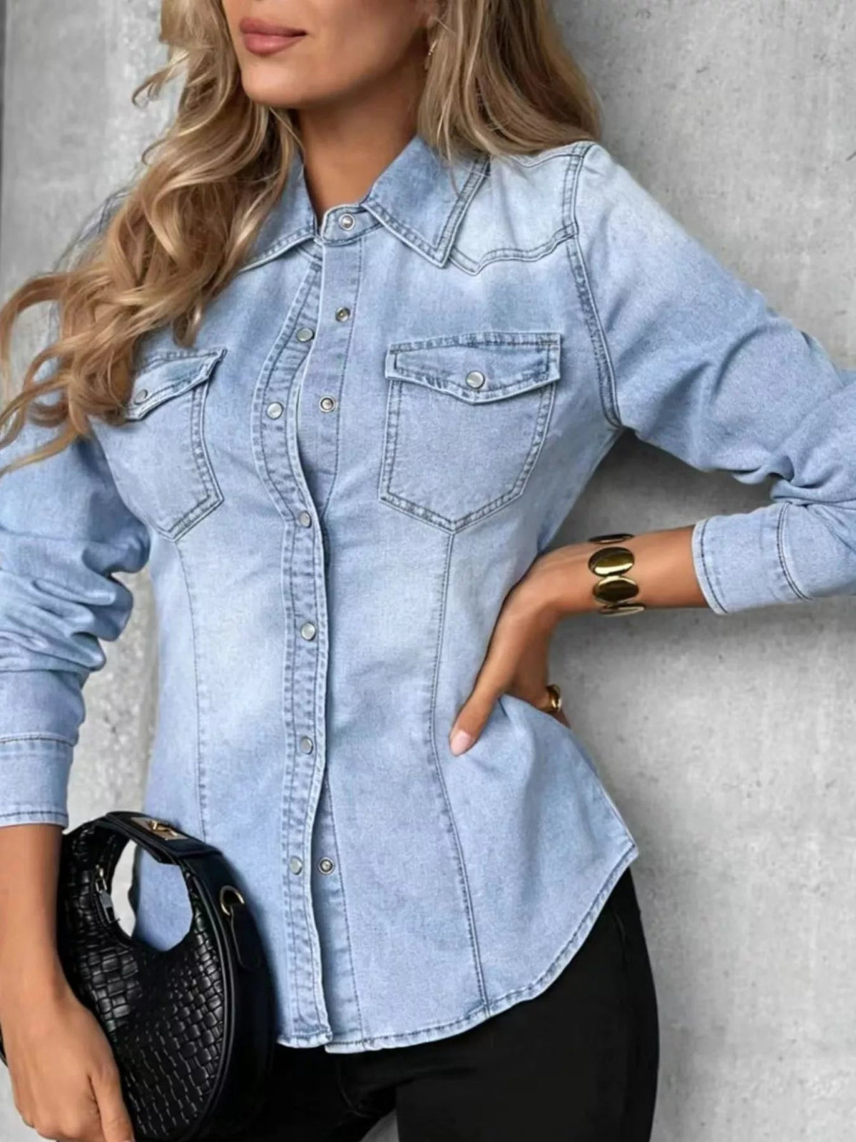 Marlowe Slim-Fit Denim Snap Shirt - Dressed.