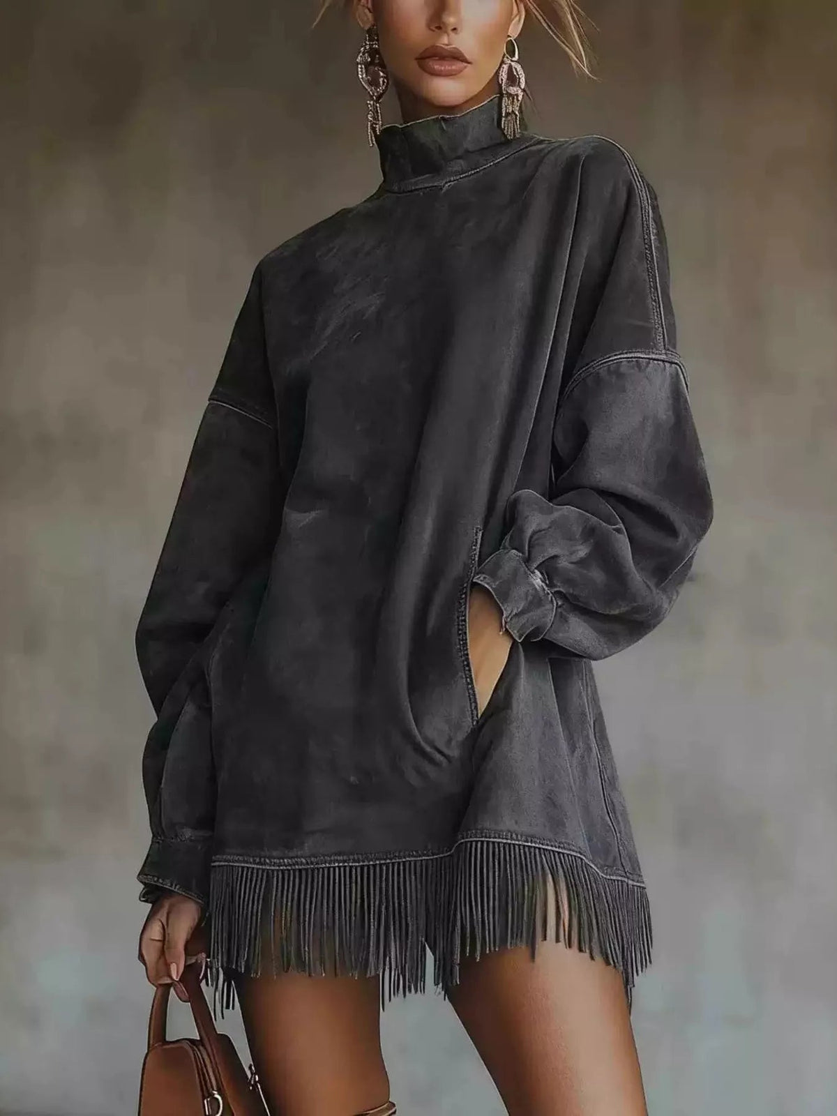 Mock Neck Fringed Hem Long Sleeve Mini Dress — Multiple Colors • Inclusive Sizing | Trendsi - Dressed.